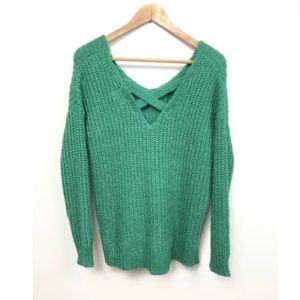 Hippie Rose Womens Sweater Criss Cross Back  S Small Green